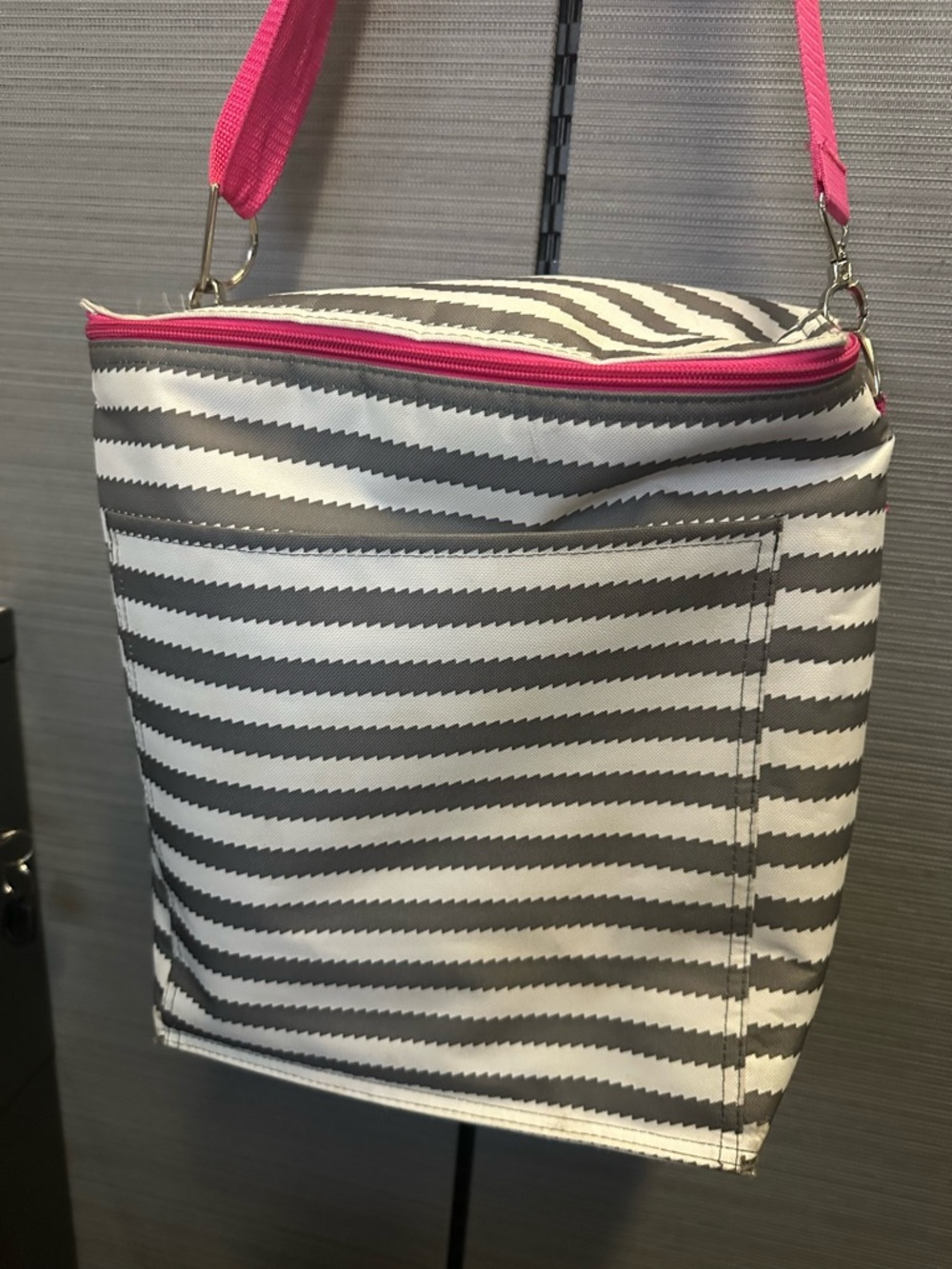 thirty-one Gray and White Striped Crossbody with Pink Accent